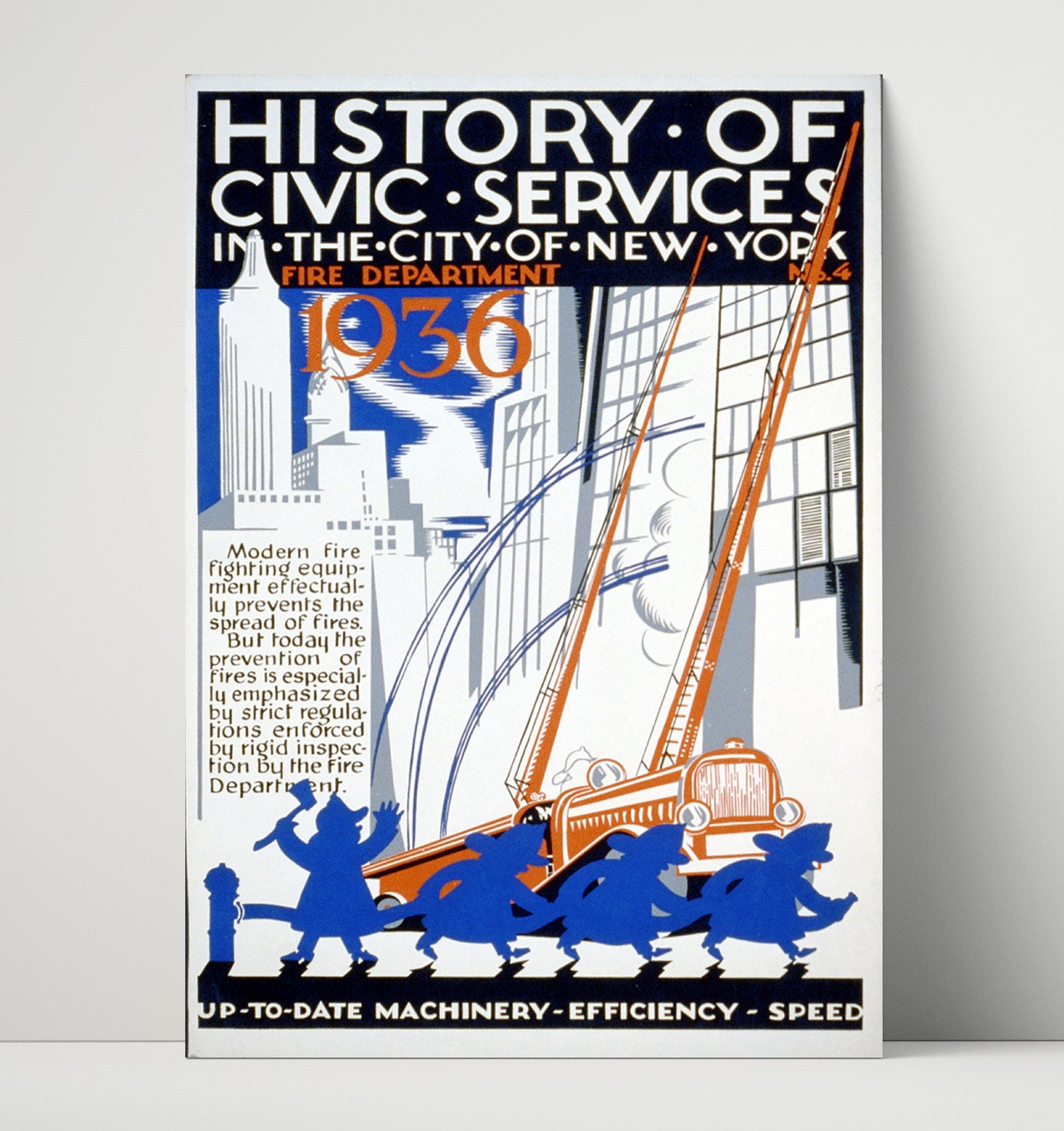NY Fire Dept 1936 - Ladders up city safe Vintage WPA Wall Art - 16x20 Unframed Print
