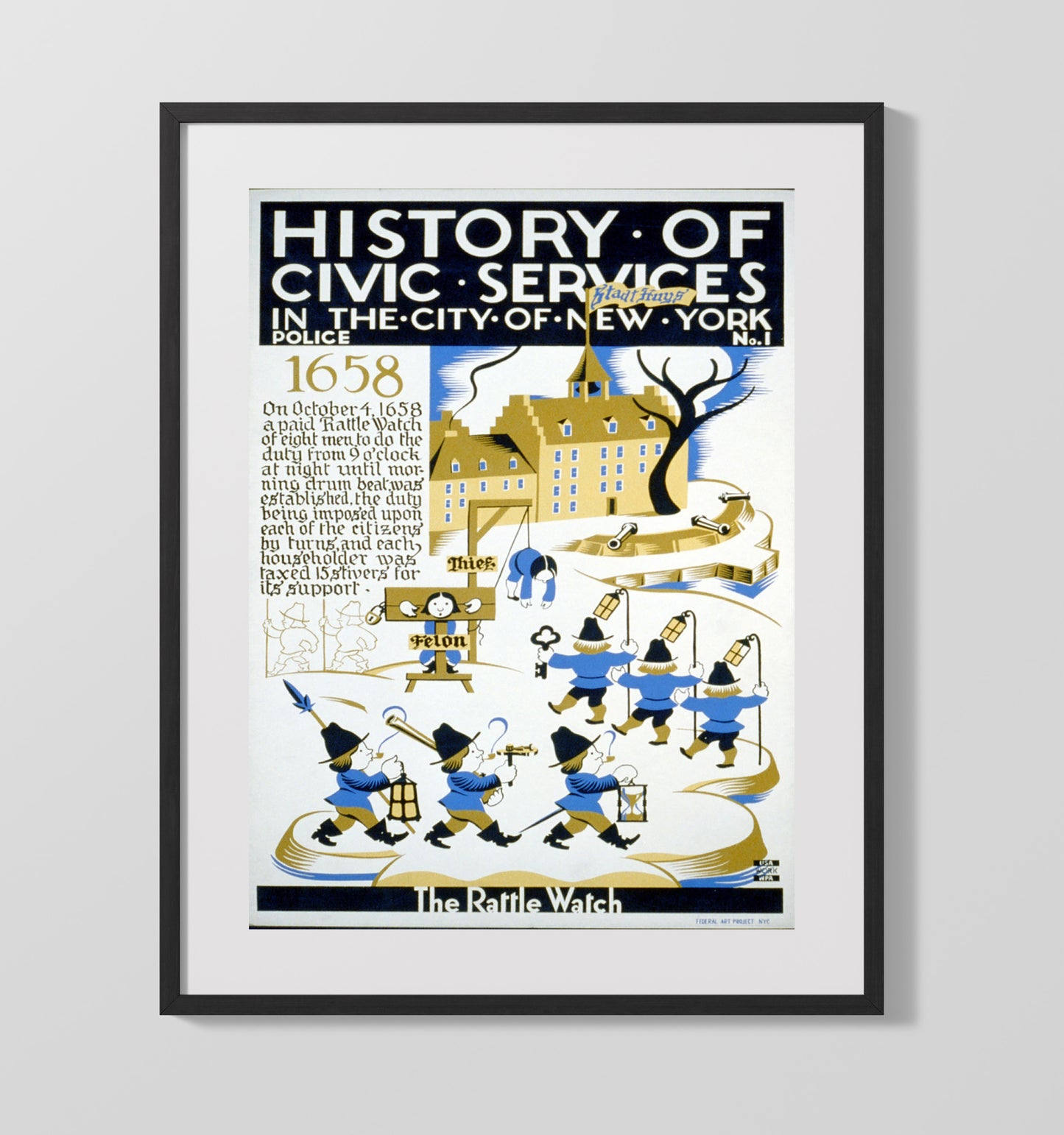 New York Police Department 1658 - Lanterns and lawmen WPA poster wall art 16x20 Gallery Frame