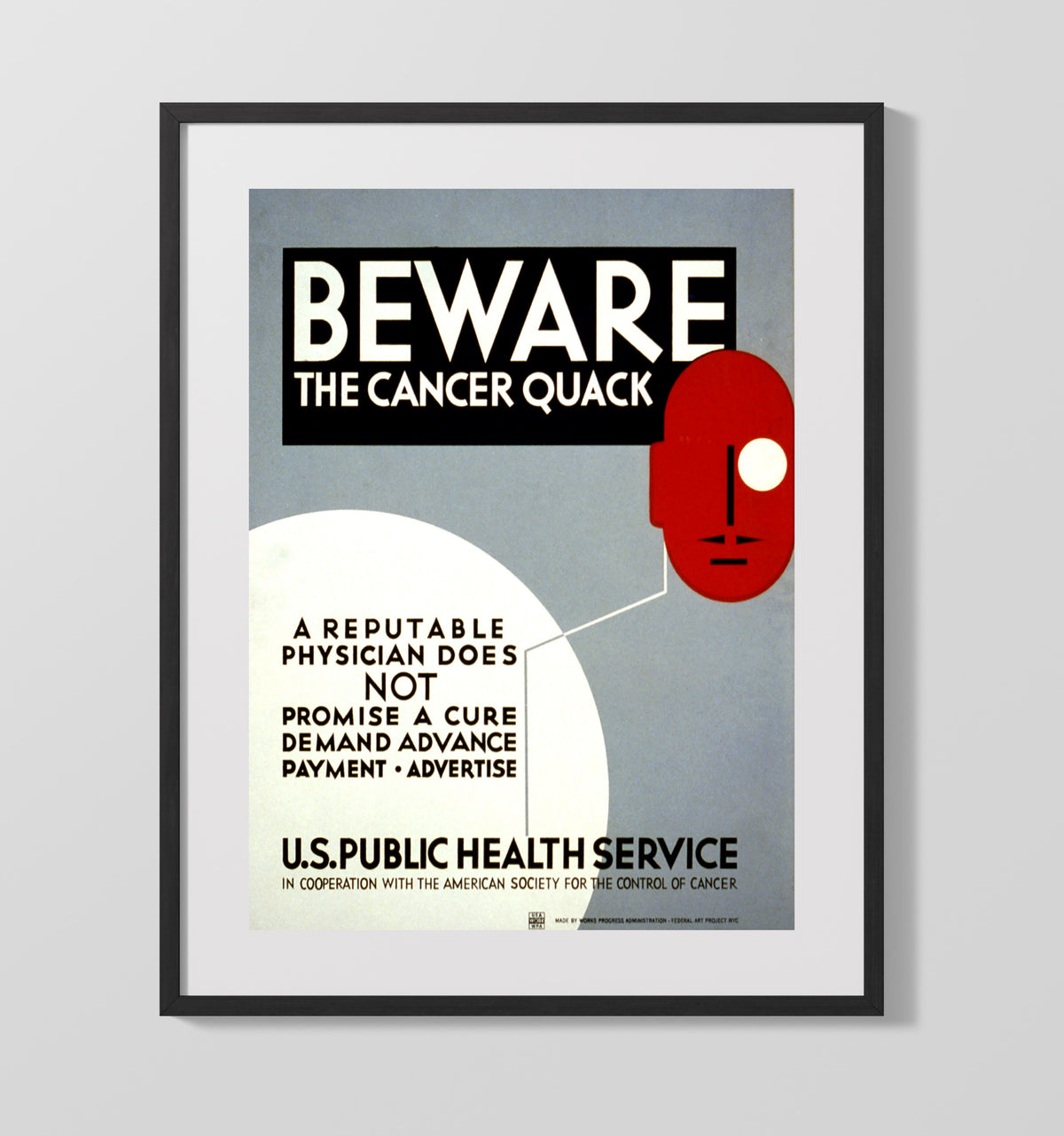 Public Health Notice Beware the Cancer Quack WPA poster wall art 16x20 Gallery Frame