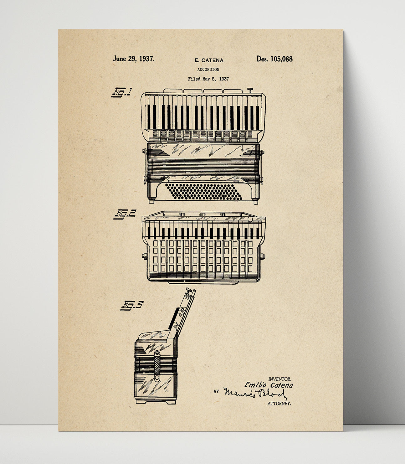 Patent Print - Accordion - Emilio Catena - 1937 - Patent 105088 Patent Wall Art