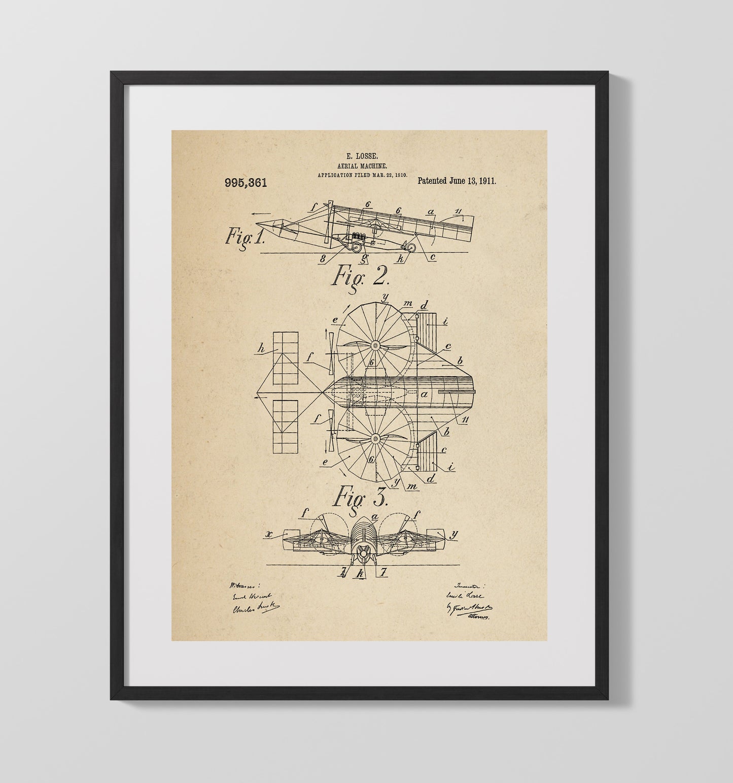 Aerial Machine 1911 patent print wall art 16x20 Gallery Frame