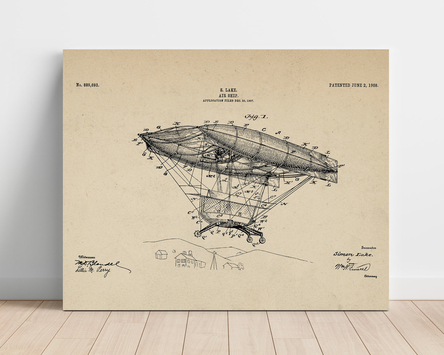 Patent Print - Air Ship - Simon Lake - 1908 - Patent 889693 - Landscape Patent Wall Art