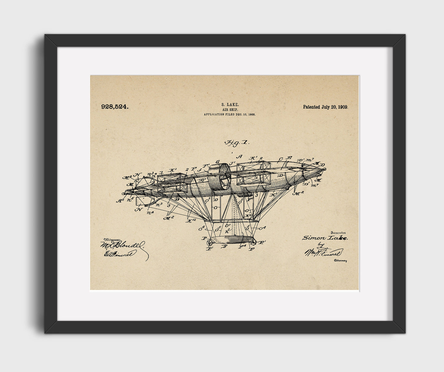 Air Ship 1909 patent print wall art 16x20 Gallery Frame