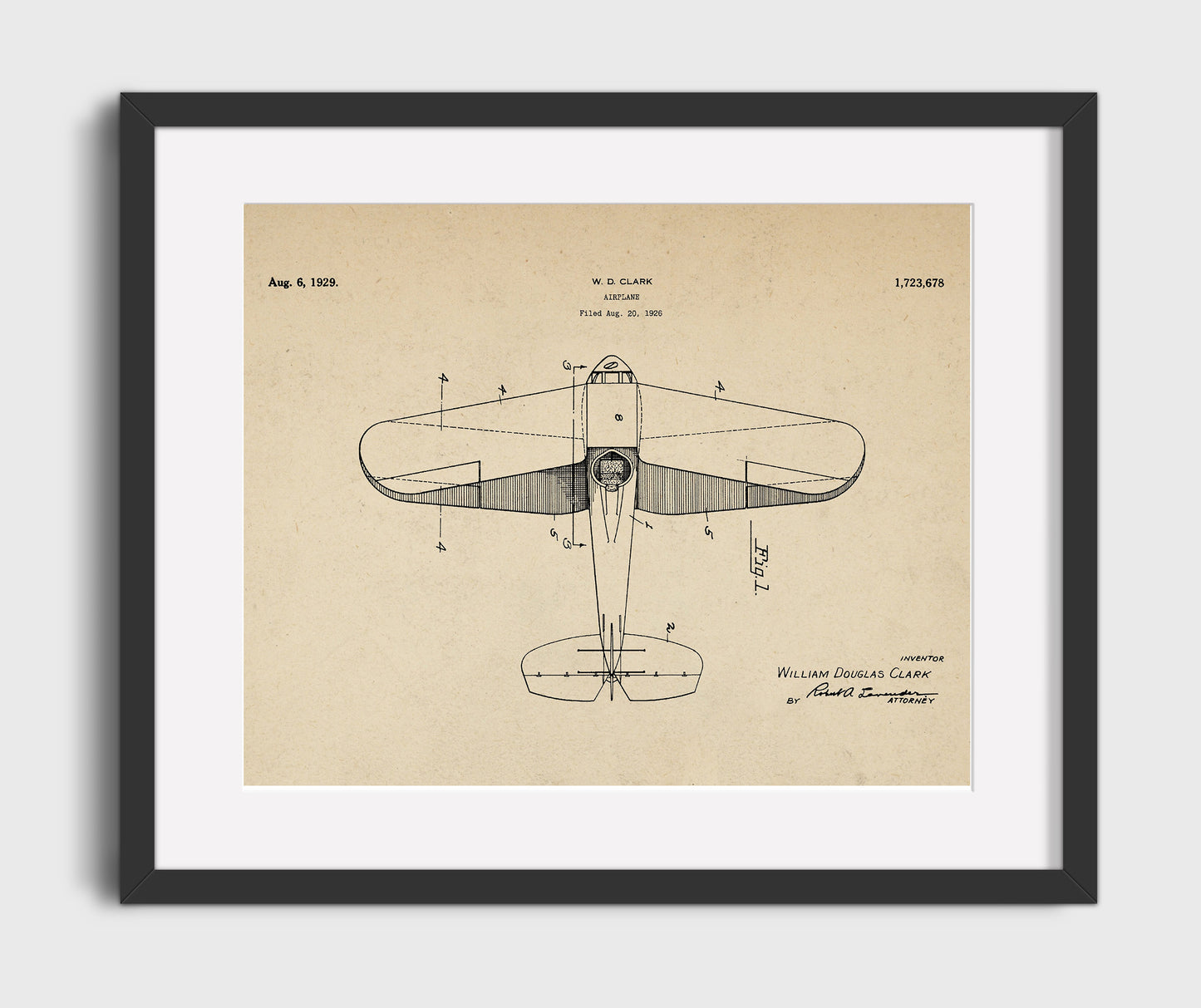 Airplane 1929 patent print wall art 16x20 Gallery Frame