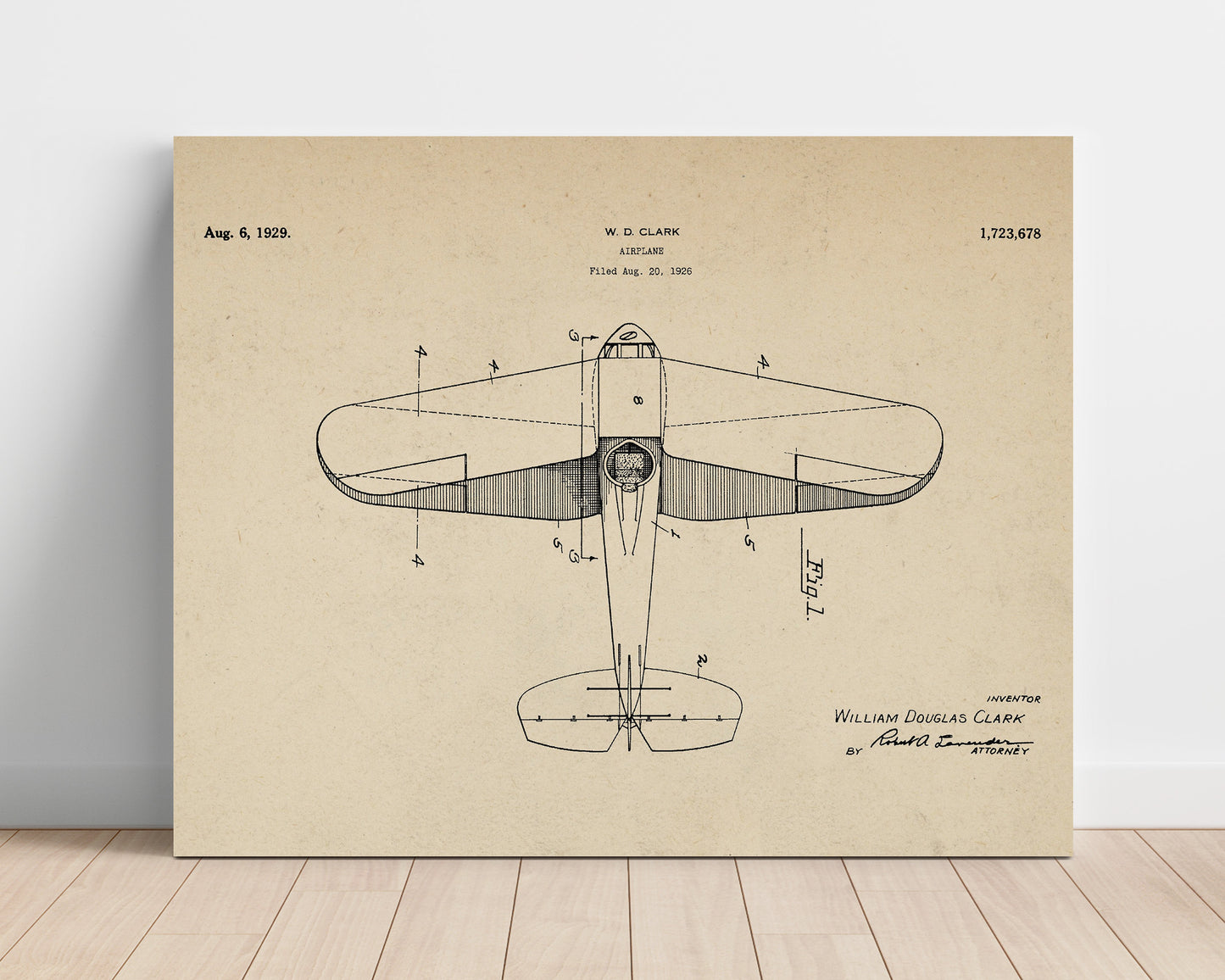 Patent Print - Airplane - William Douglas Clark - 1929 - Patent 1723678 - Landsacpe Patent Wall Art