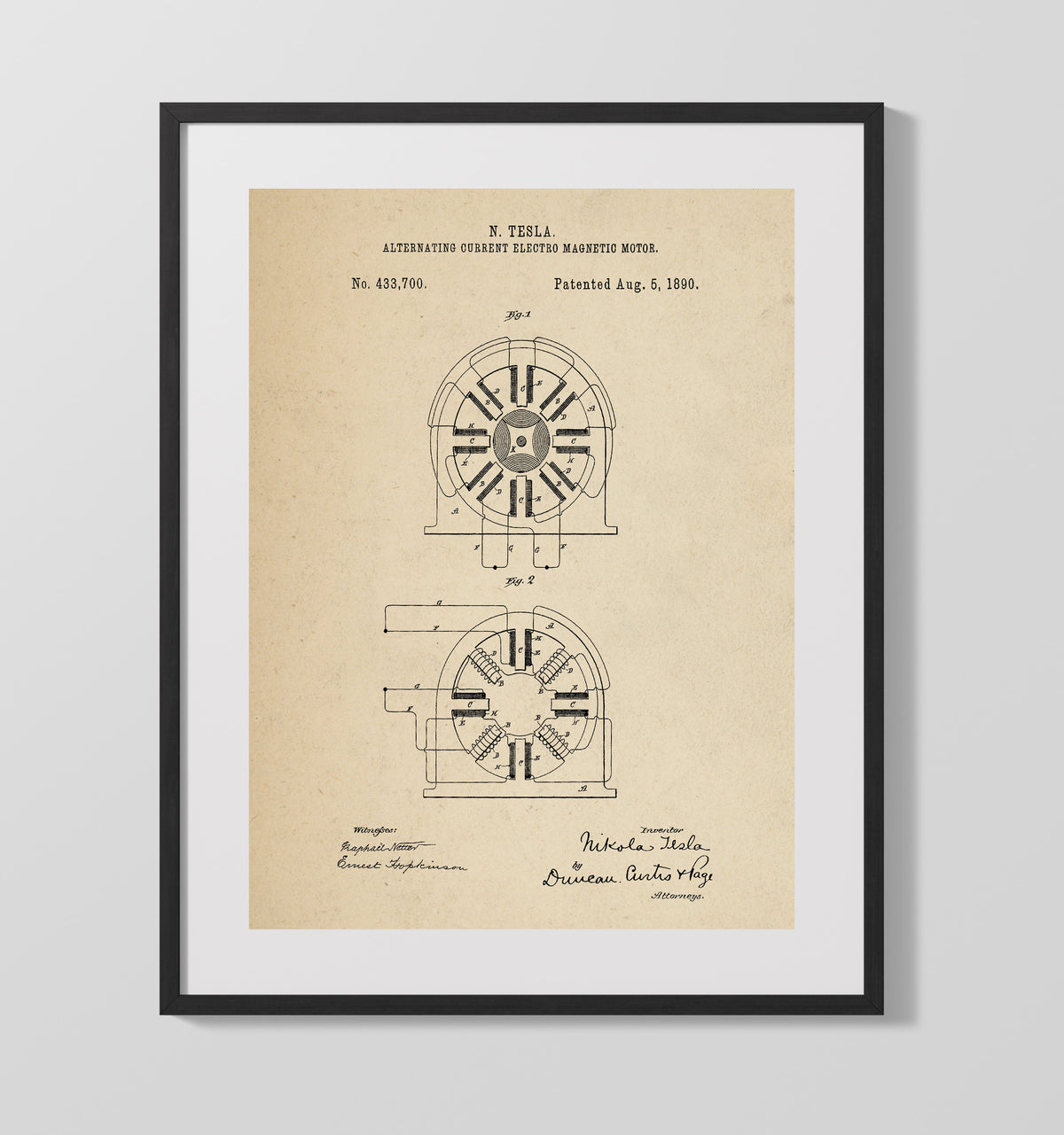 Alternating Current Electro Magnetic Motor 1890 patent print wall art 16x20 Gallery Frame