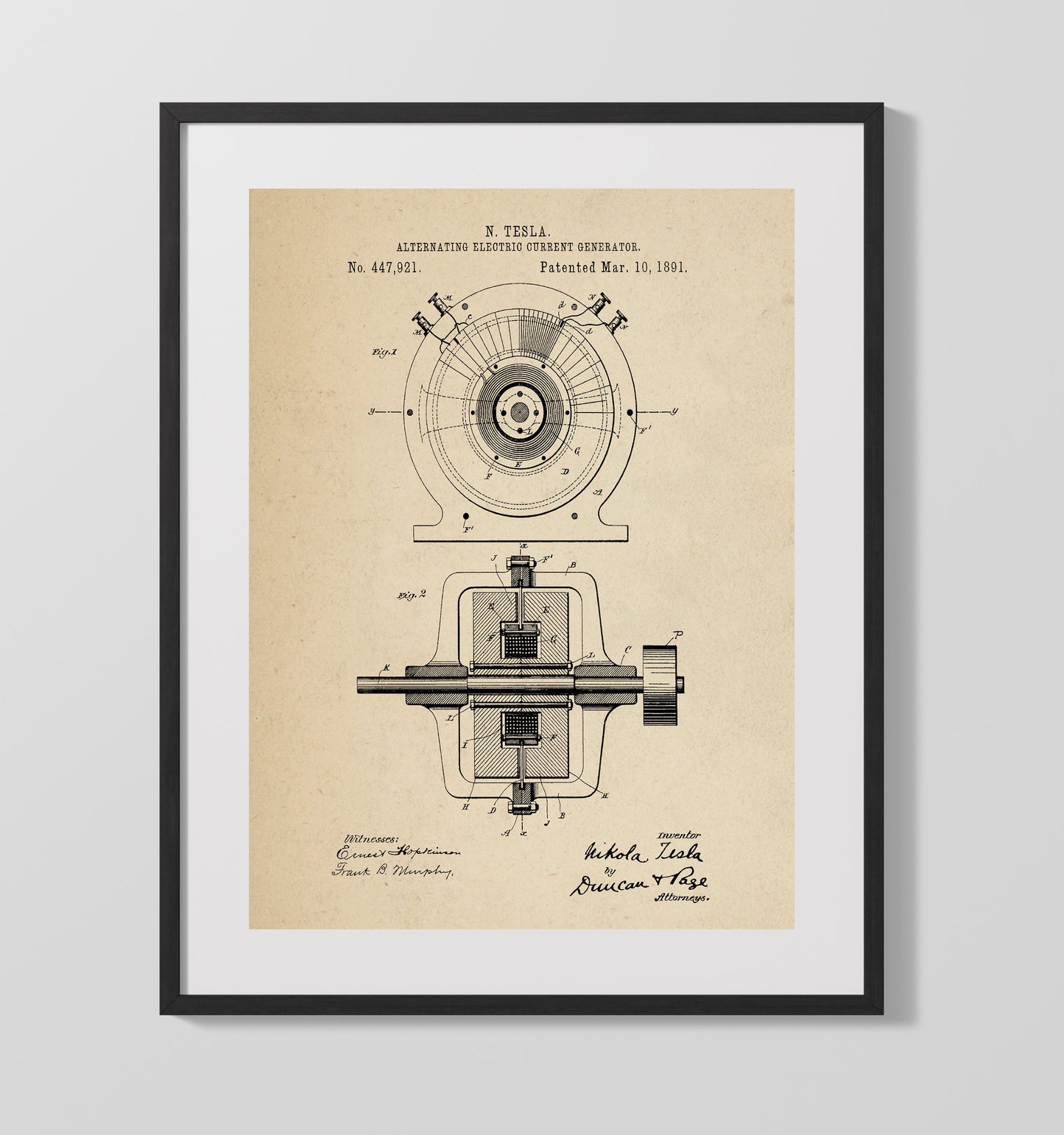 Alternating Electric Current Generator 1891 patent print wall art 16x20 Gallery Frame