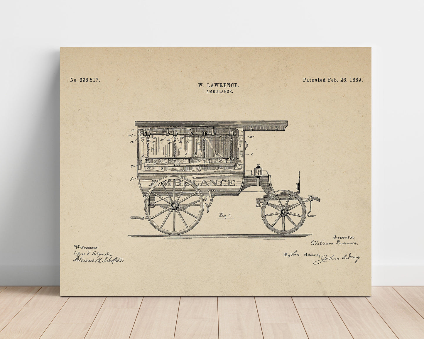Patent Print - Ambulance - W. Lawrence - 1889 - Patent 398517 - Landscape Patent Wall Art