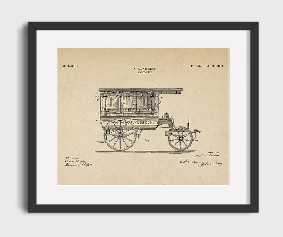 Ambulance 1889 patent print wall art 16x20 Gallery Frame