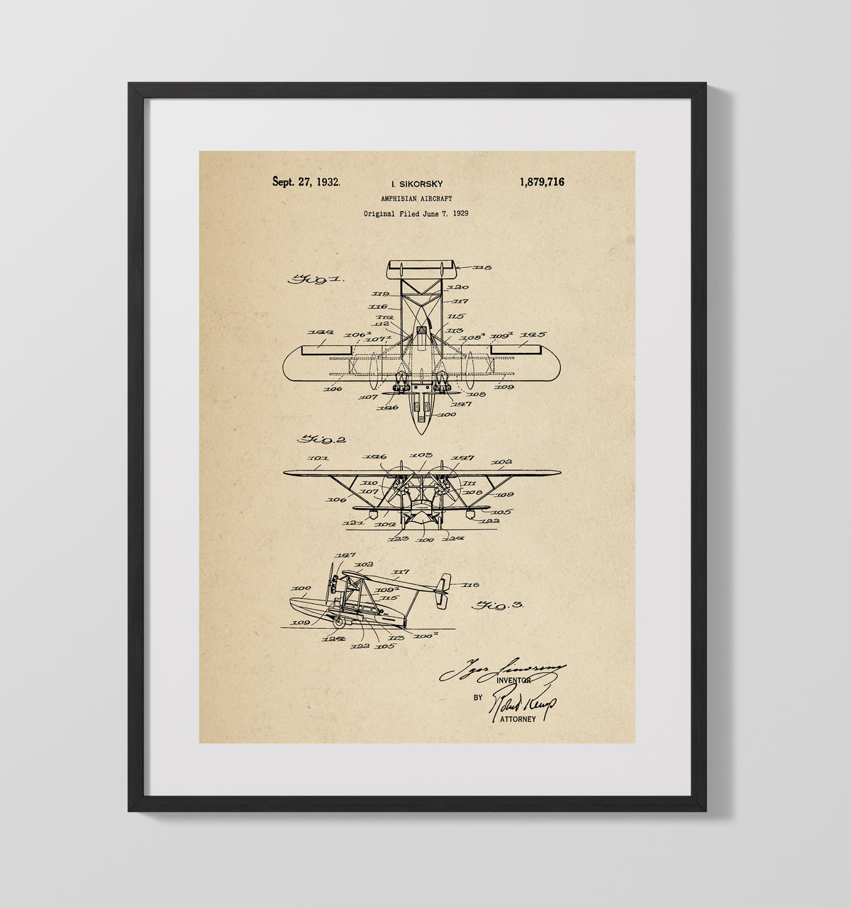 Amphibian Aircraft 1932 patent print wall art 16x20 Gallery Frame