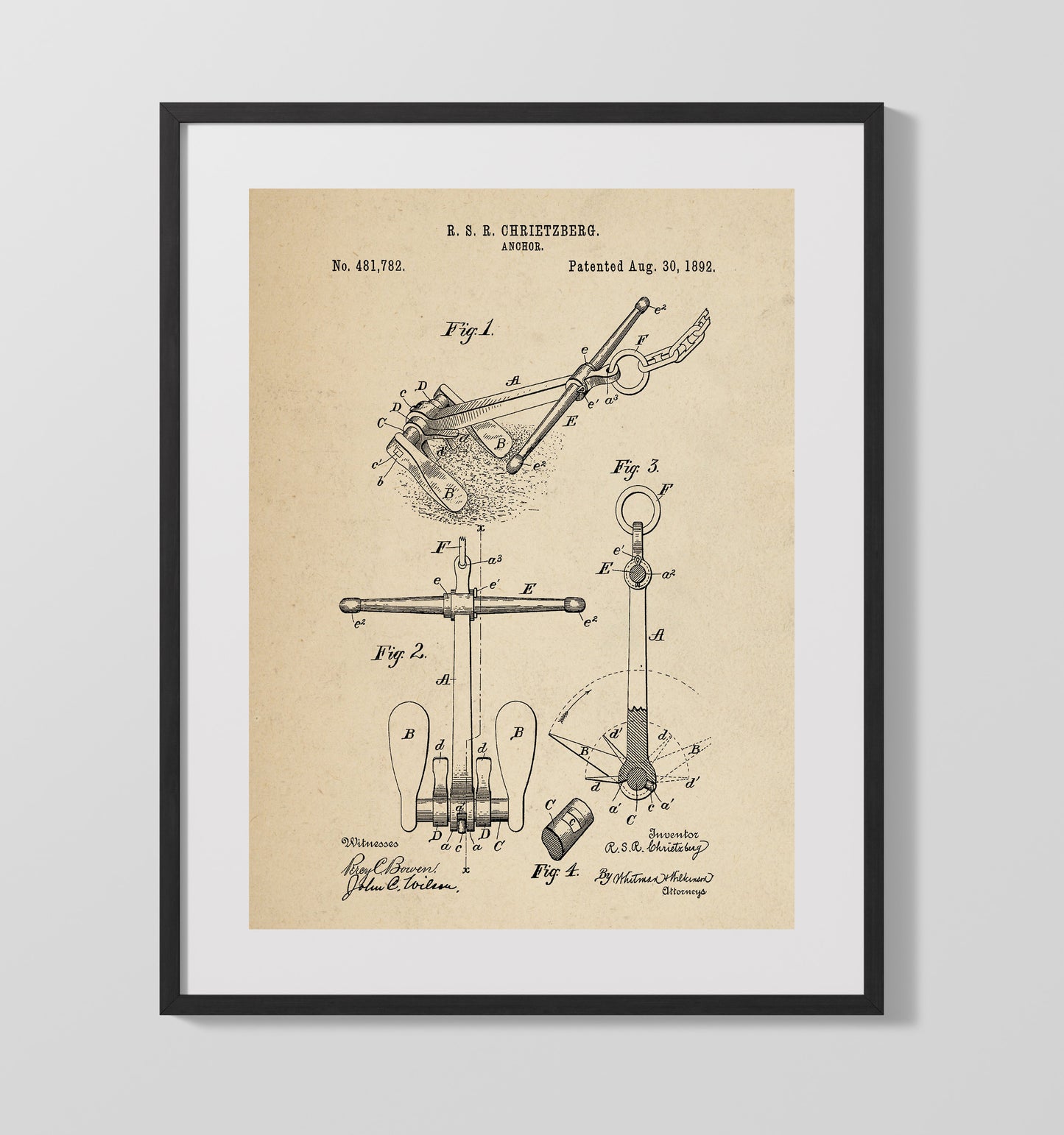 Anchor 1892 patent print wall art 16x20 Gallery Frame