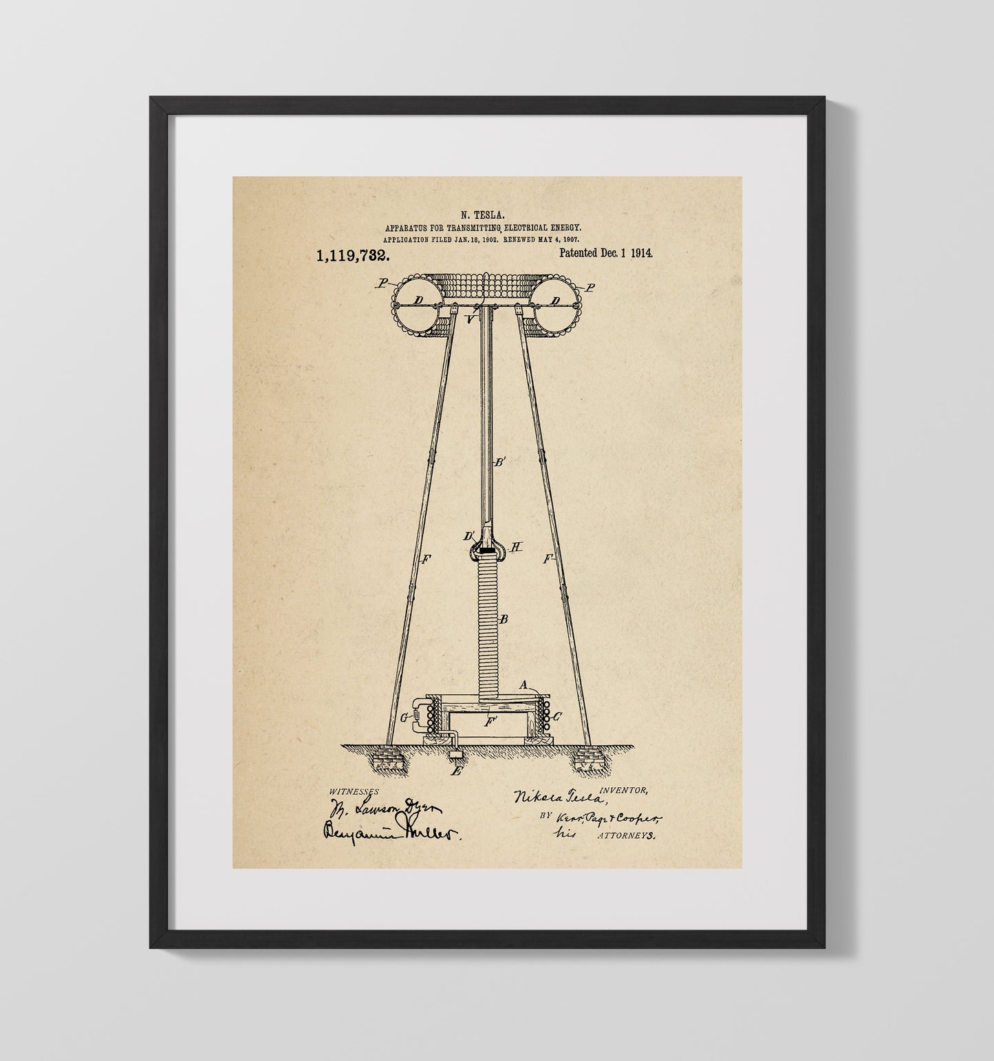 Apparatus For Transmitting Electrical Energy 1914 patent print wall art 16x20 Gallery Frame