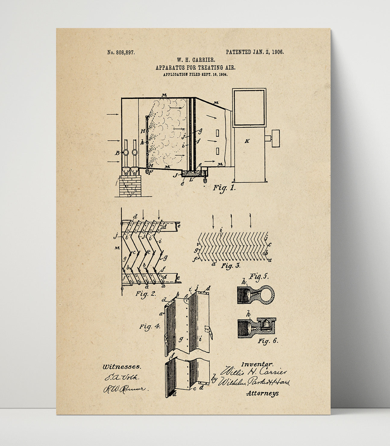 Patent Print - Apparatus For Treating Air - Willis H Carrier - 1906 - Patent 808897 Patent Wall Art