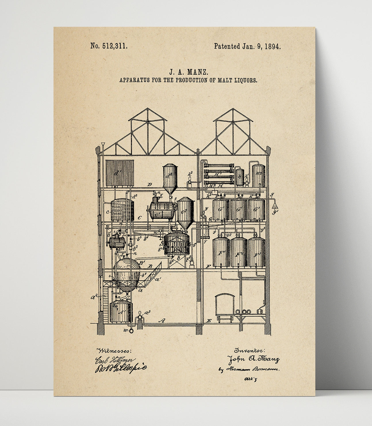 Patent Print - Apparatus For The Production Of Malt Liquors - J.A. Manz - 1894 - Patent 512311 Patent Wall Art