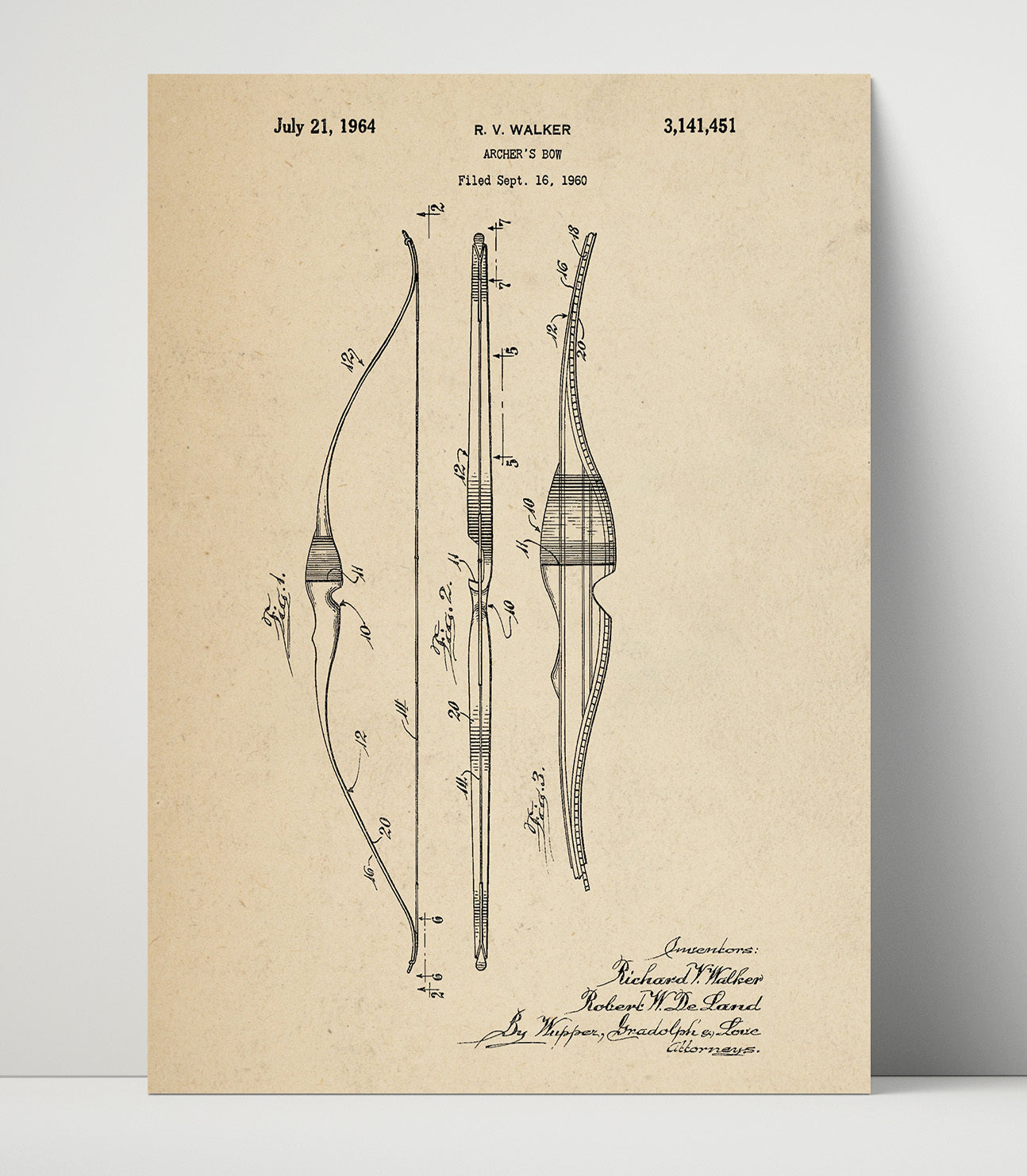 Patent Print - Archers Bow - Richard V. Walker And Robert W. De Land - 1964 - Patent 3141451 Patent Wall Art