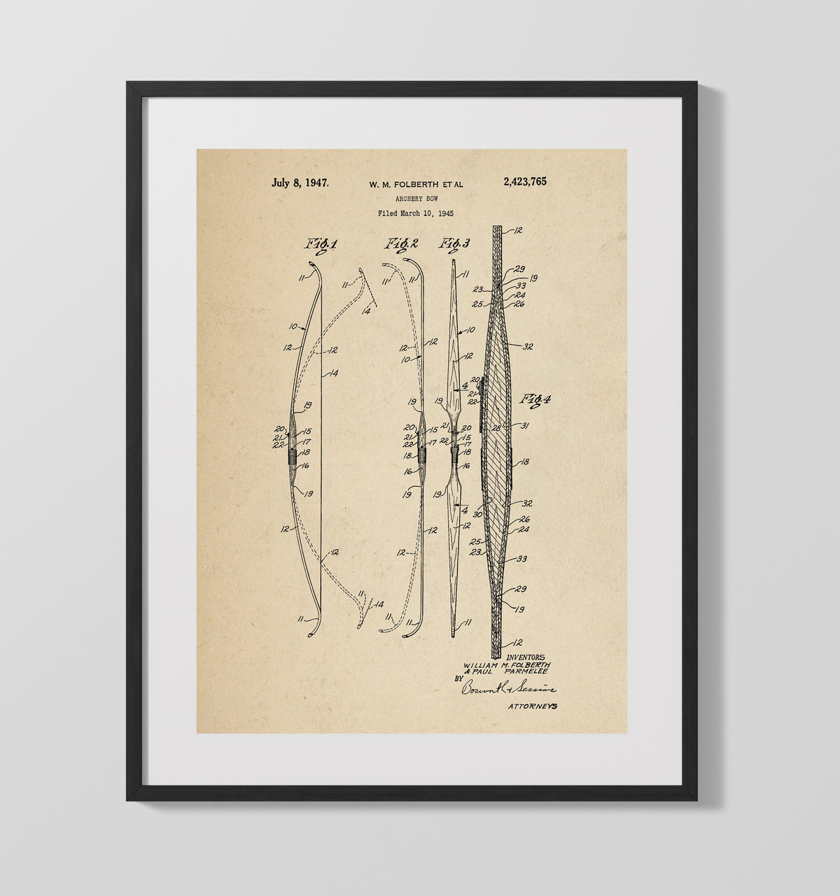 Archery Bow 1947 patent print wall art 16x20 Gallery Frame