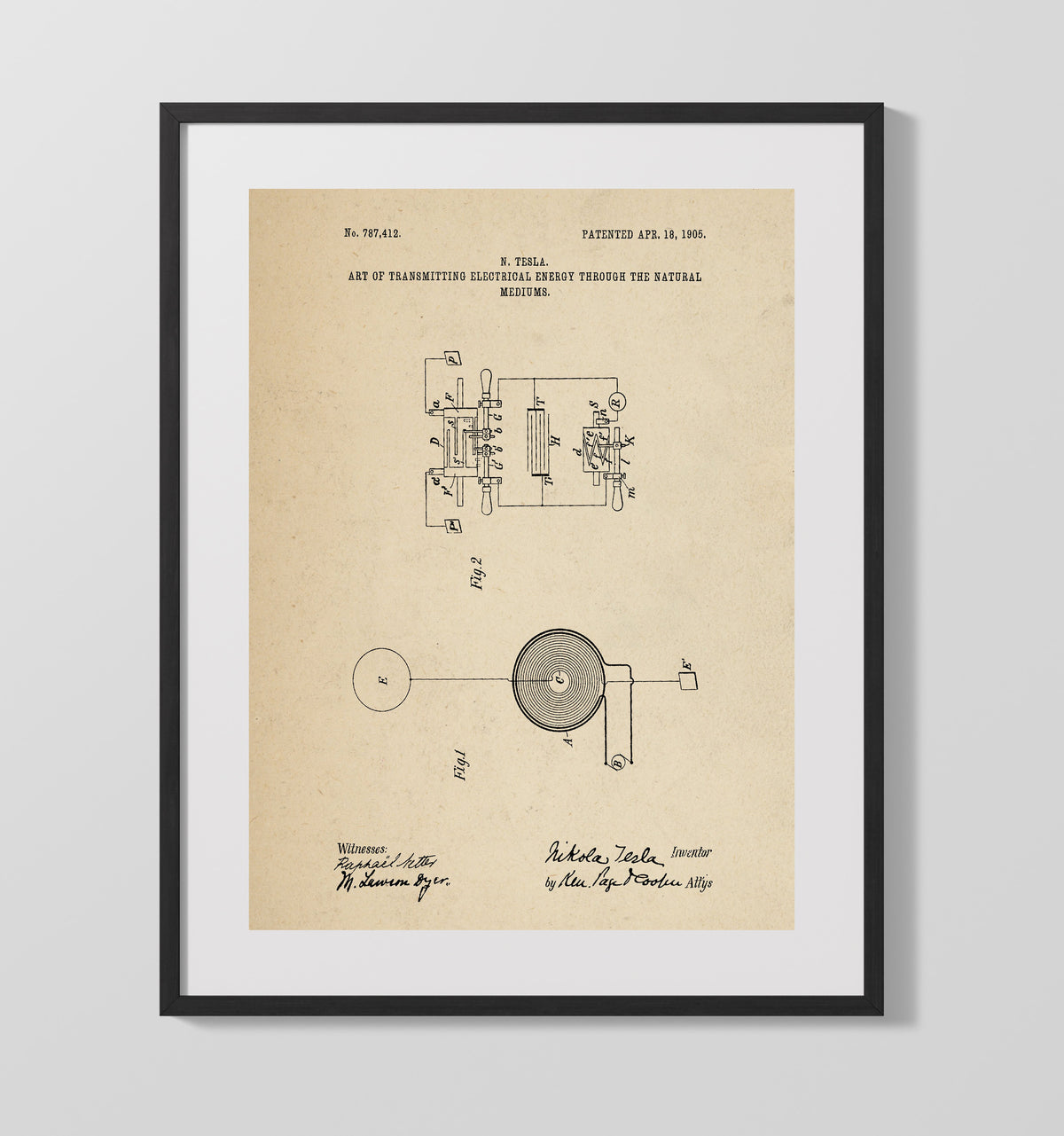 Art Of Transmitting Electrical Energy Through The Natural Mediums 1905 patent print wall art 16x20 Gallery Frame