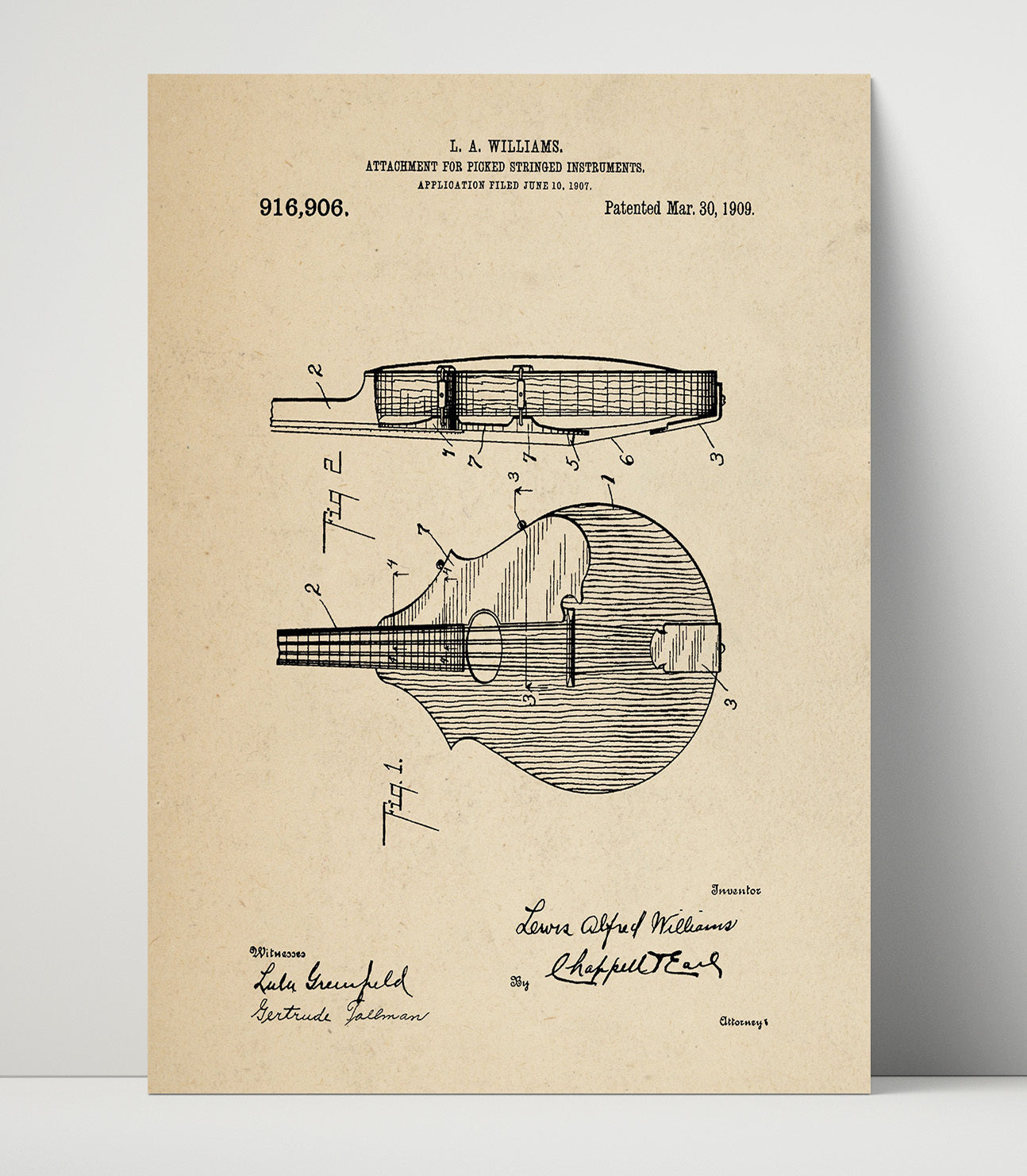Patent Print - Attachment For Picked Stringed Instruments - L. A. Williams - 1909 - Patent 916906 Patent Wall Art