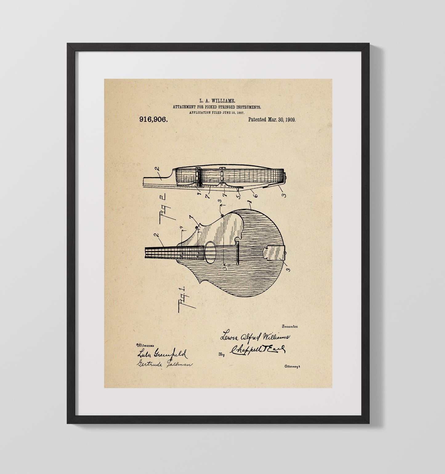 Attachment For Picked Stringed Instruments 1909 patent print wall art 16x20 Gallery Frame