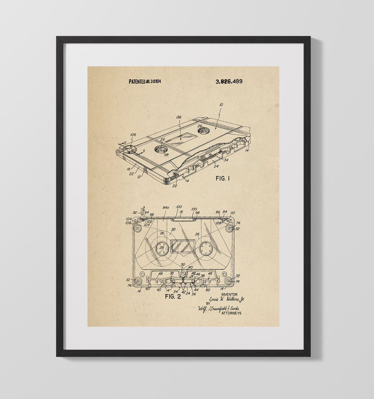 Audio Cassette Tape 1974 patent print wall art 16x20 Gallery Frame