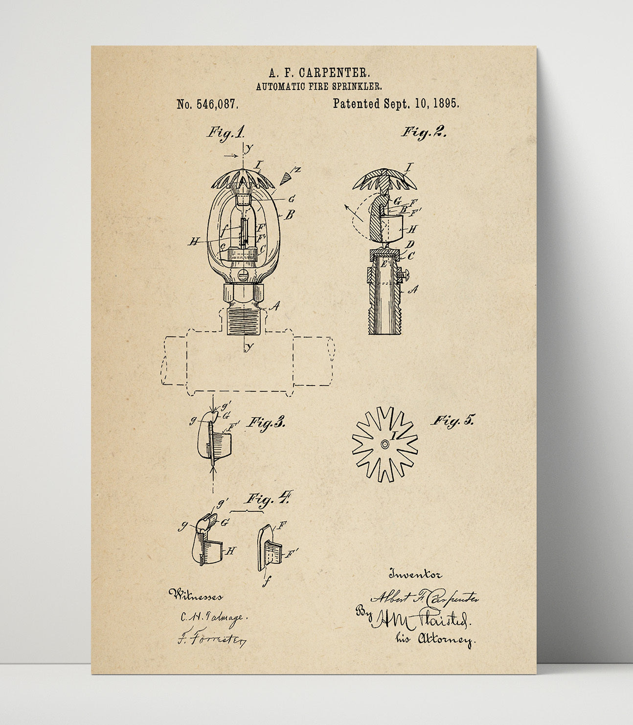 Patent Print - Automatic Fire Sprinkler - Abbott F Carpenter - 1895 - Patent 546087 Patent Wall Art