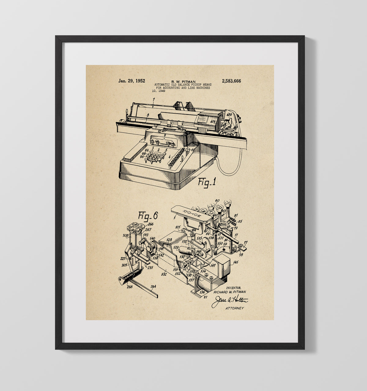 Automatic Old Balance Pickup Means For Accounting And Like Machines 1952 patent print wall art 16x20 Gallery Frame