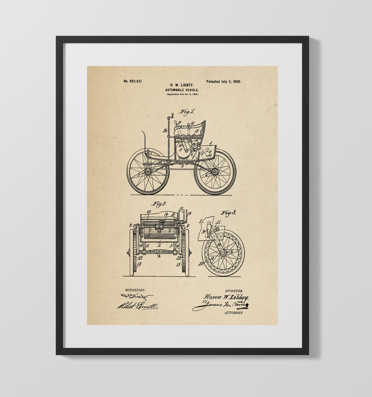 Automobile Vehicle 1900 patent print wall art 16x20 Gallery Frame