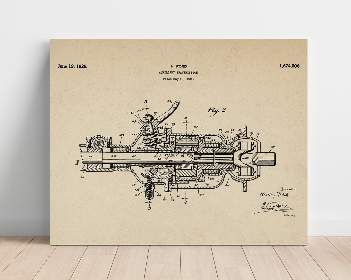 Patent Print - Auxiliary Transmission - Henry Ford - 1928 - Patent 1674006 - Landscape Patent Wall Art