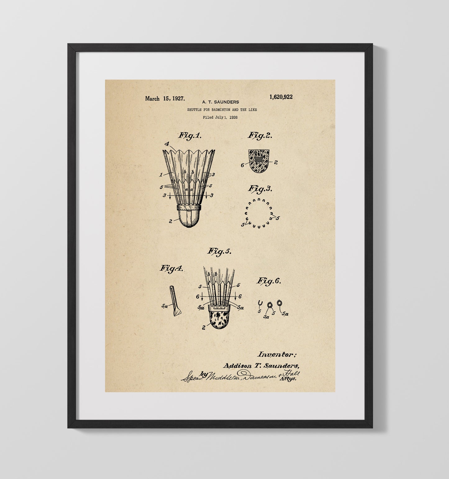 Badminton Shuttlecock 1927 patent print wall art 16x20 Gallery Frame