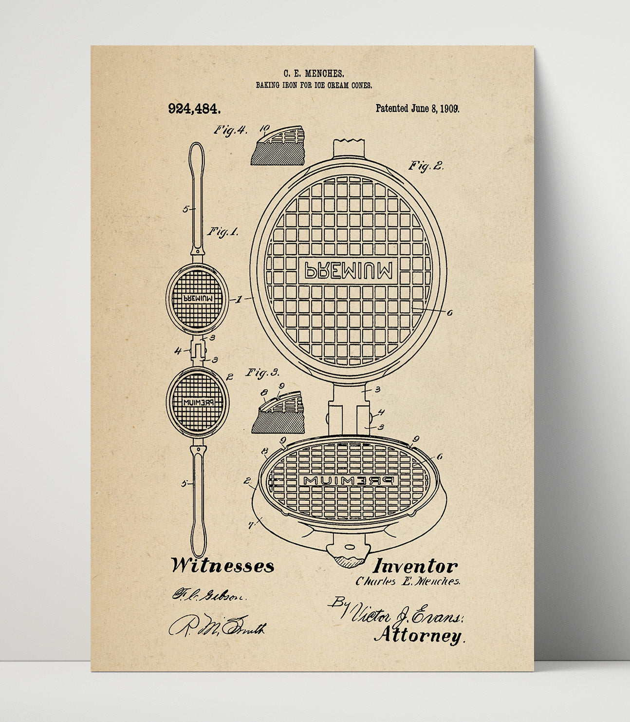 Patent Print - Baking Iron For Ice Cream Cones - C.E. Menches - 1909 - Patent 924484 Patent Wall Art