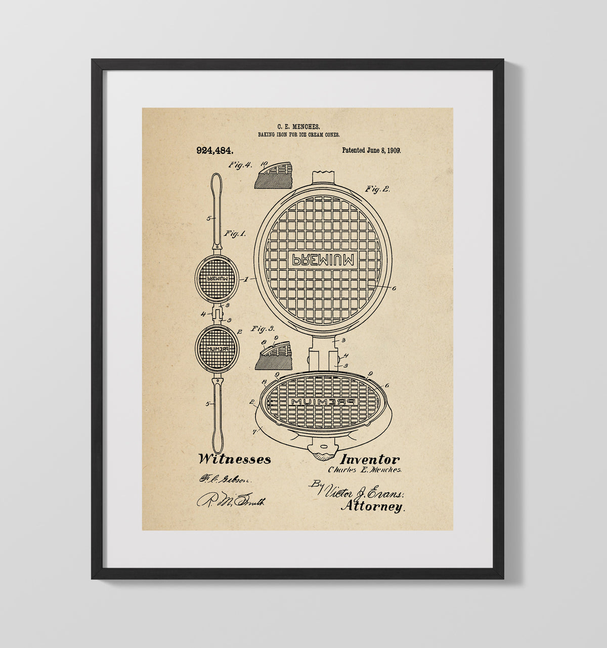 Baking Iron For Ice Cream Cones 1909 patent print wall art 16x20 Gallery Frame