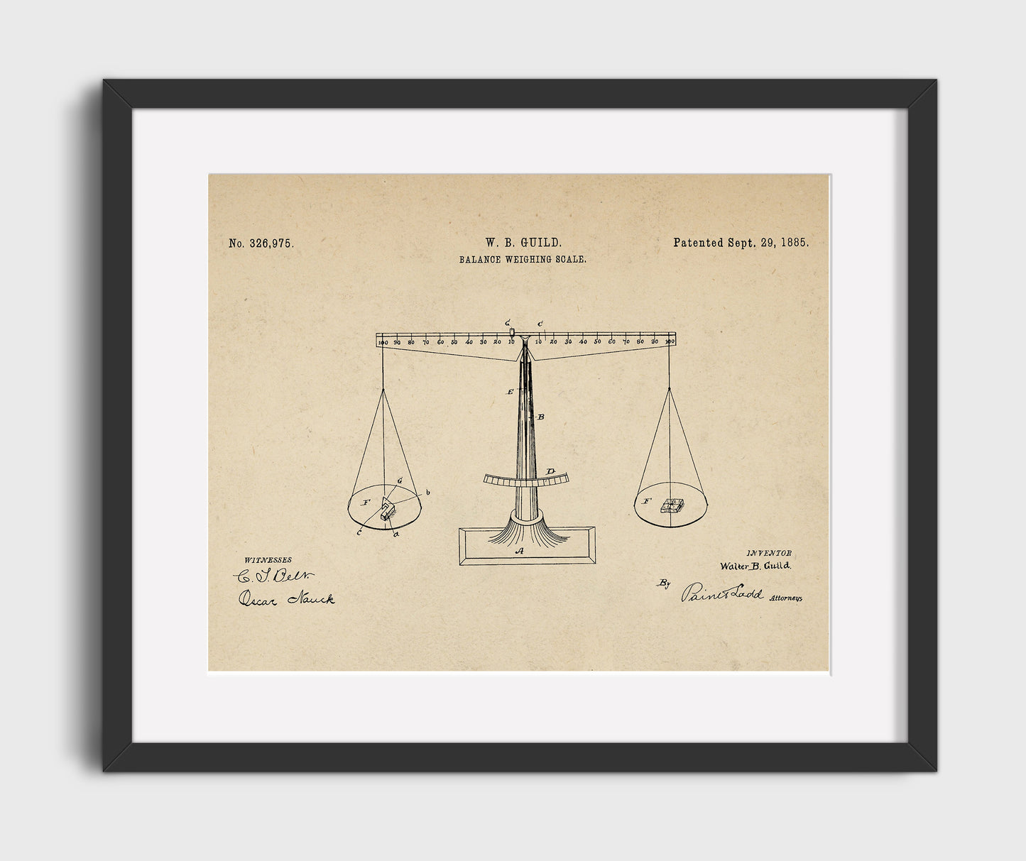 Balance Weighing Scale 1885 patent print wall art 16x20 Gallery Frame