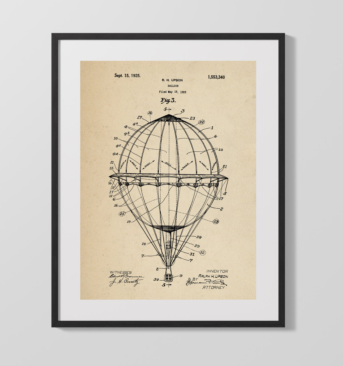 Balloon 1925 patent print wall art 16x20 Gallery Frame