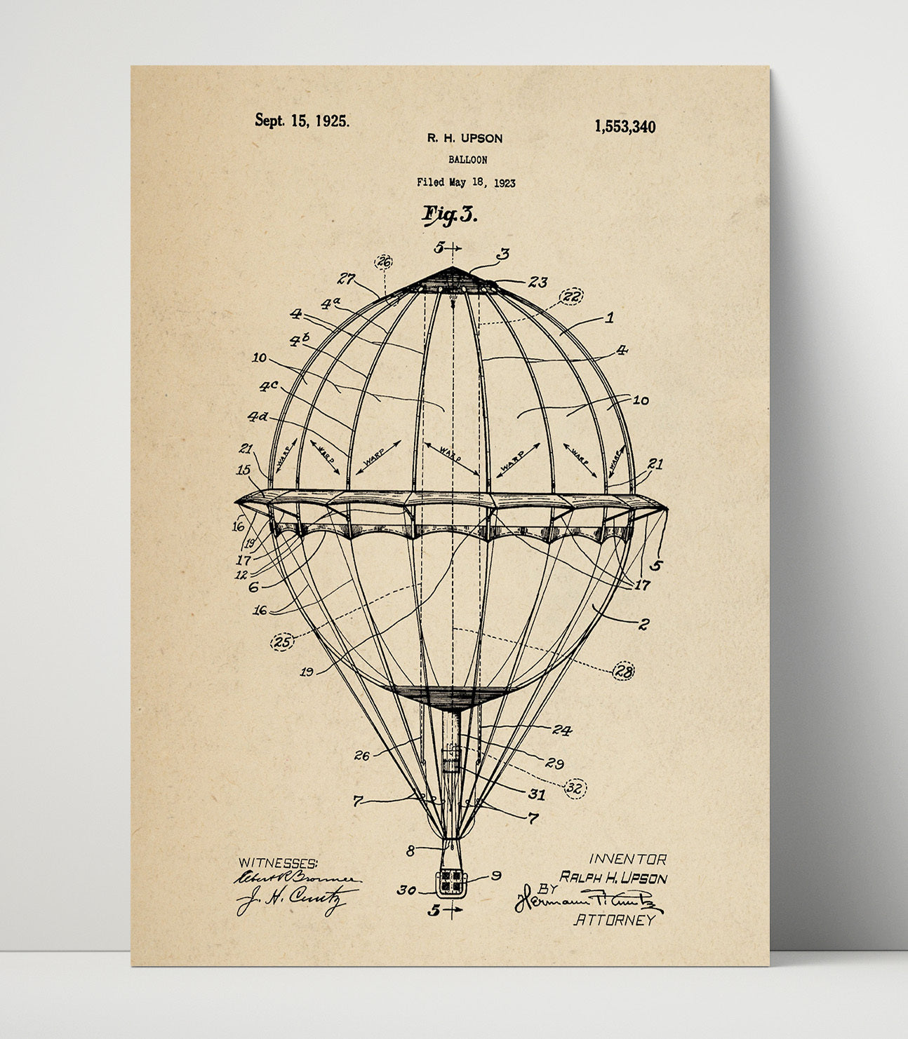 Patent Print - Balloon - Ralph H Upson - 1925 - Patent 1553340 Patent Wall Art