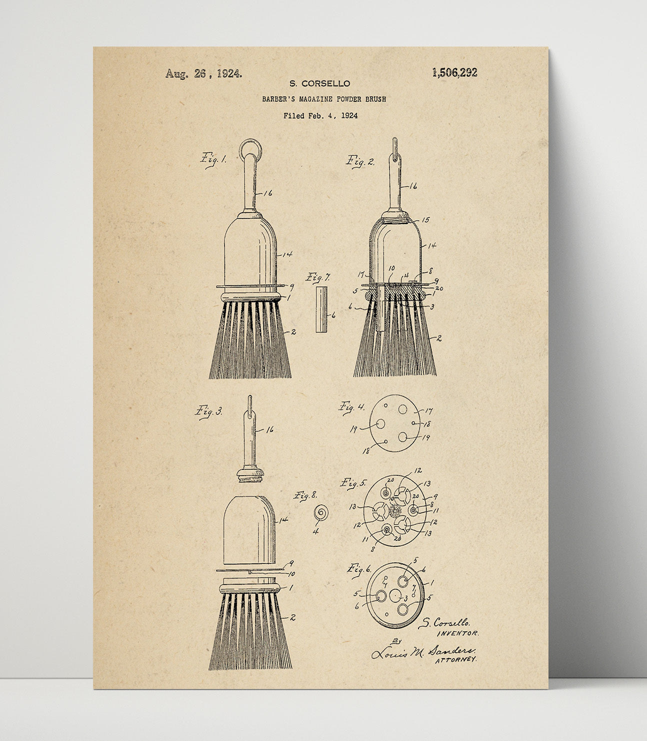Patent Print - Barbers Magazine Powder Brush - S. Corsello - 1924 - Patent 1506292 Patent Wall Art