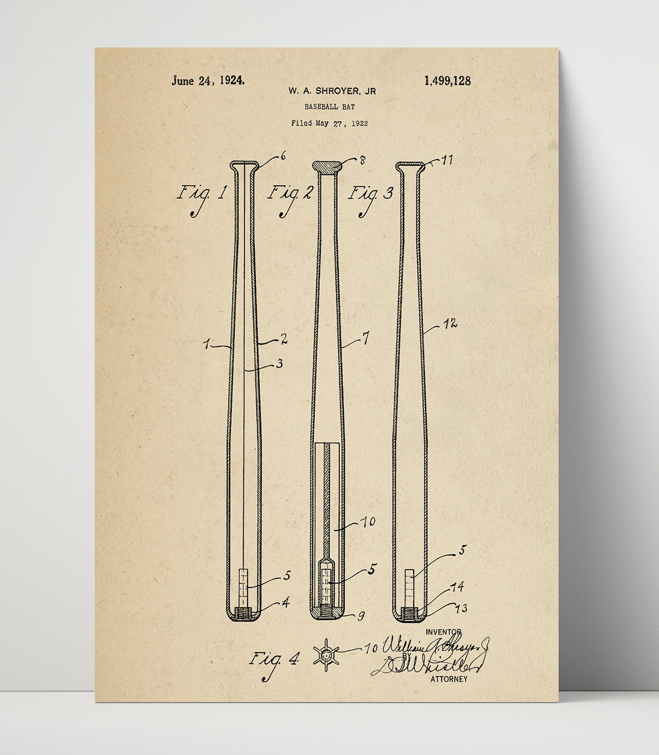 Patent Print - Baseball Bat - W A Shroyer Jr - 1924 - Patent 1499128 Patent Wall Art