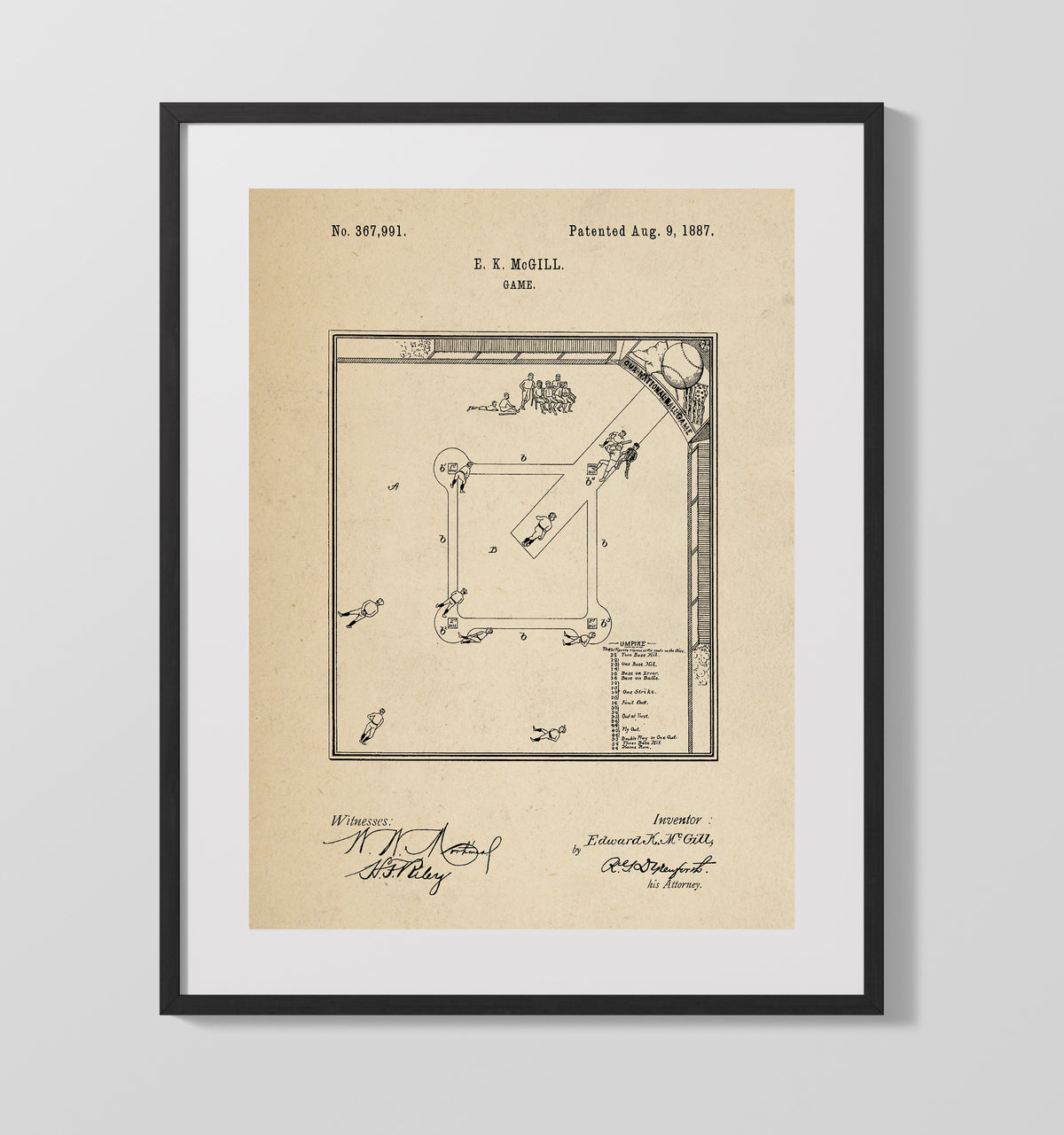 Baseball Board Game 1887 patent print wall art 16x20 Gallery Frame