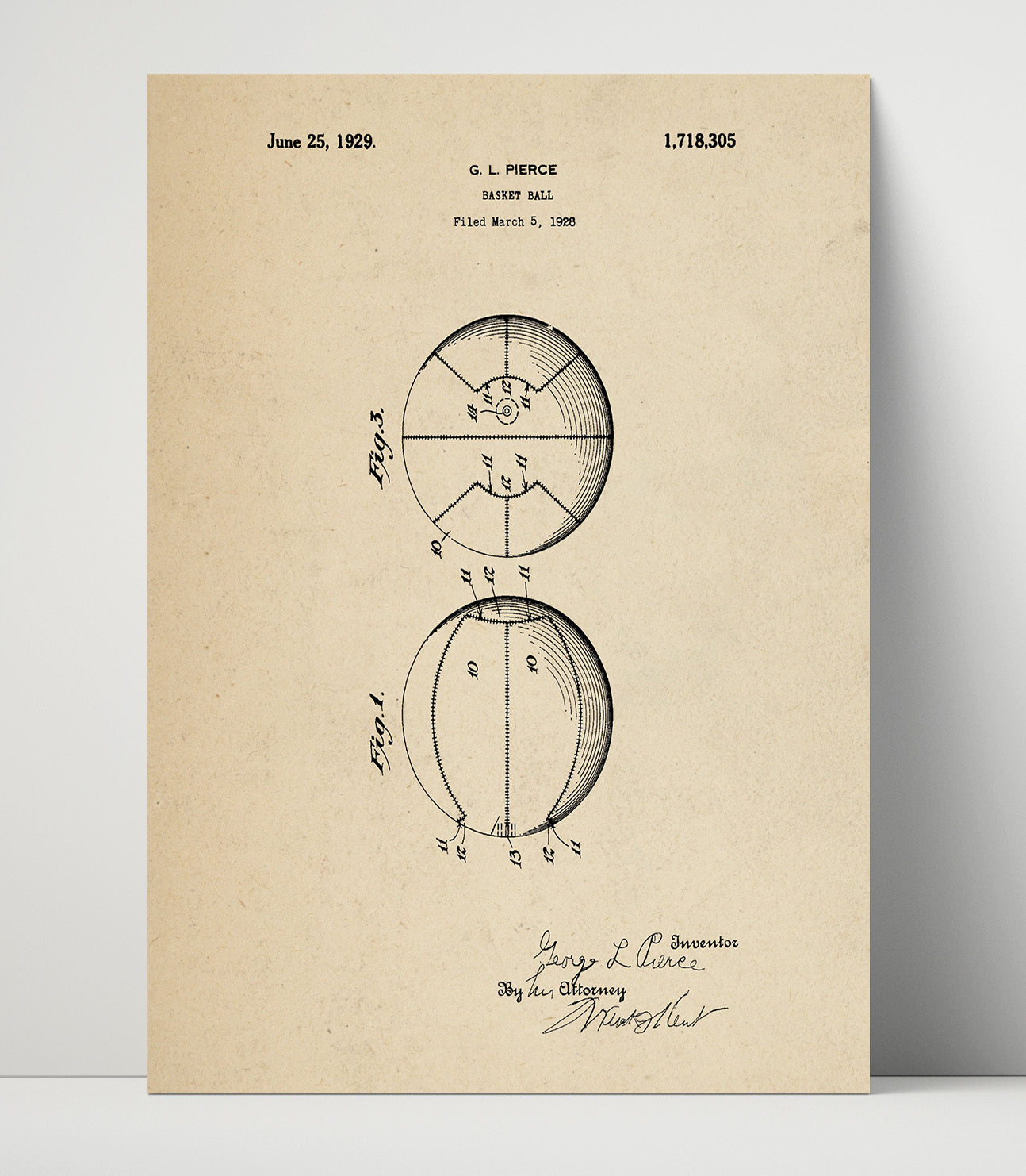 Patent Print - Basketball - G L Pierce - 1929 - Patent 1718305 Patent Wall Art