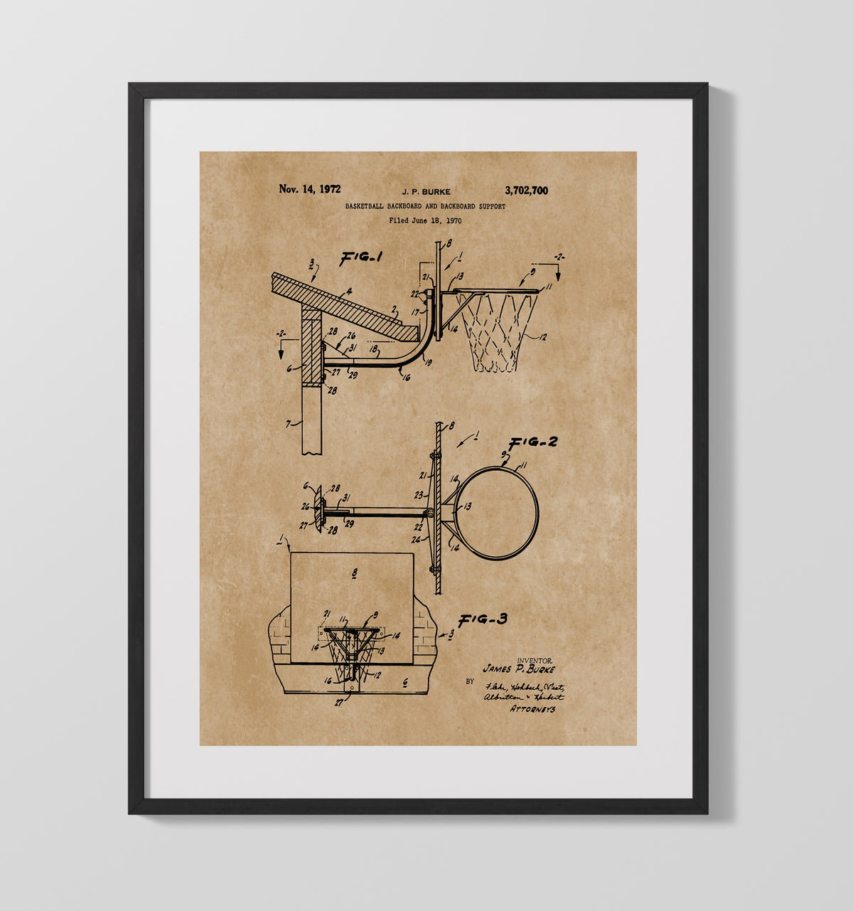 Basketball Backboard patent print wall art 16x20 Gallery Frame