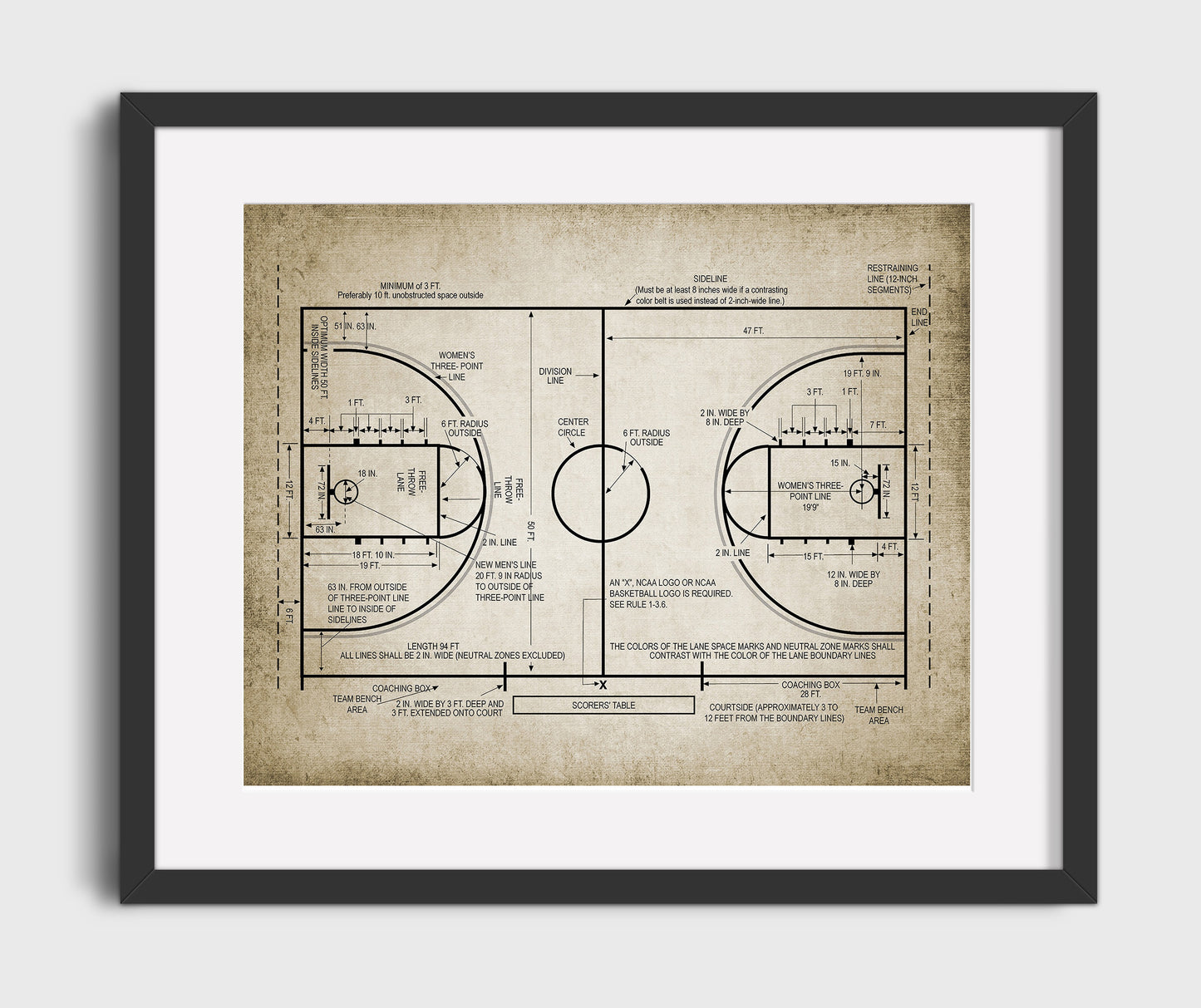 Basketball Court patent print wall art 16x20 Gallery Frame