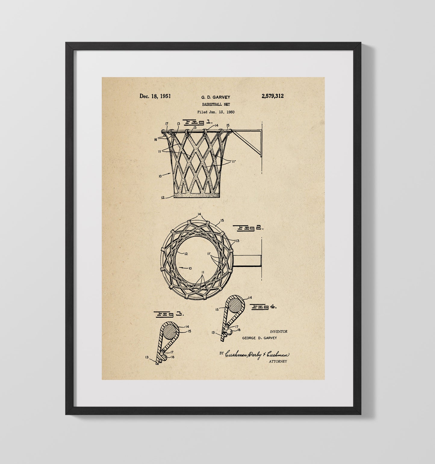 Basketball Net 1951 patent print wall art 16x20 Gallery Frame