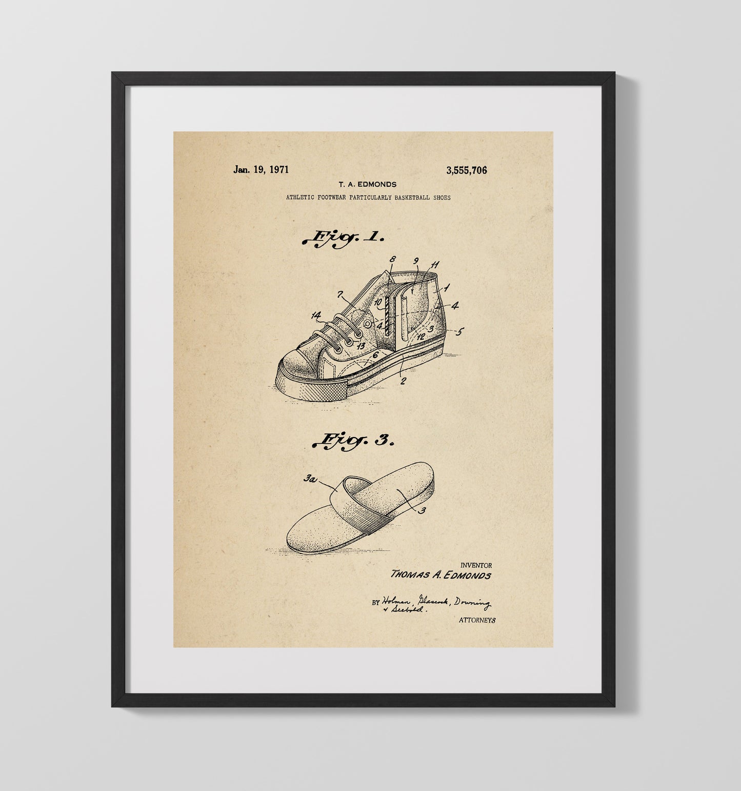 Basketball Shoes 1971 patent print wall art 16x20 Gallery Frame