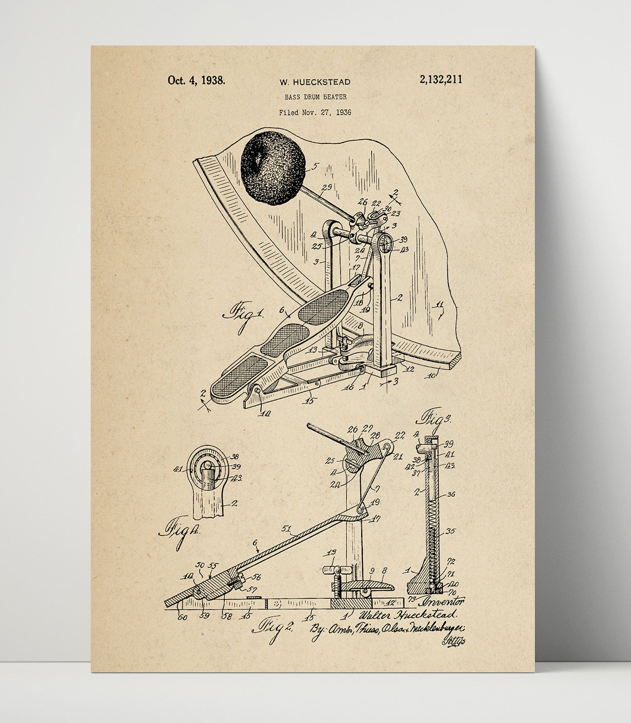 Patent Print - Bass Drum Beater - W. Hueckstead - 1938 - Patent 2132211 Patent Wall Art