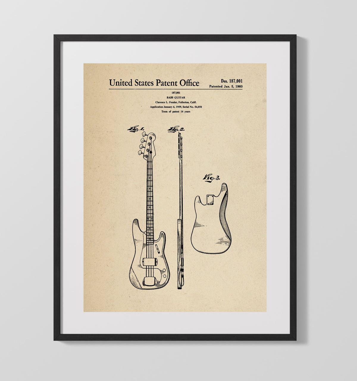 Bass Guitar 1960 patent print wall art 16x20 Gallery Frame
