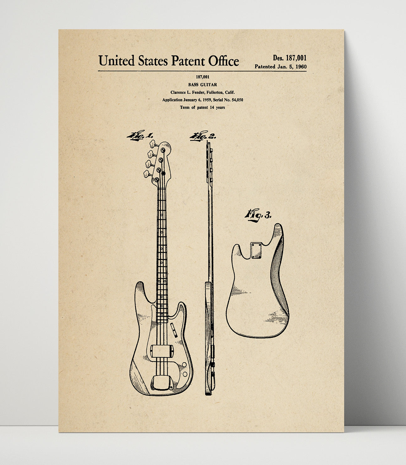 Patent Print - Bass Guitar - Clarence L. Fender - 1960 - Patent 187001 Patent Wall Art