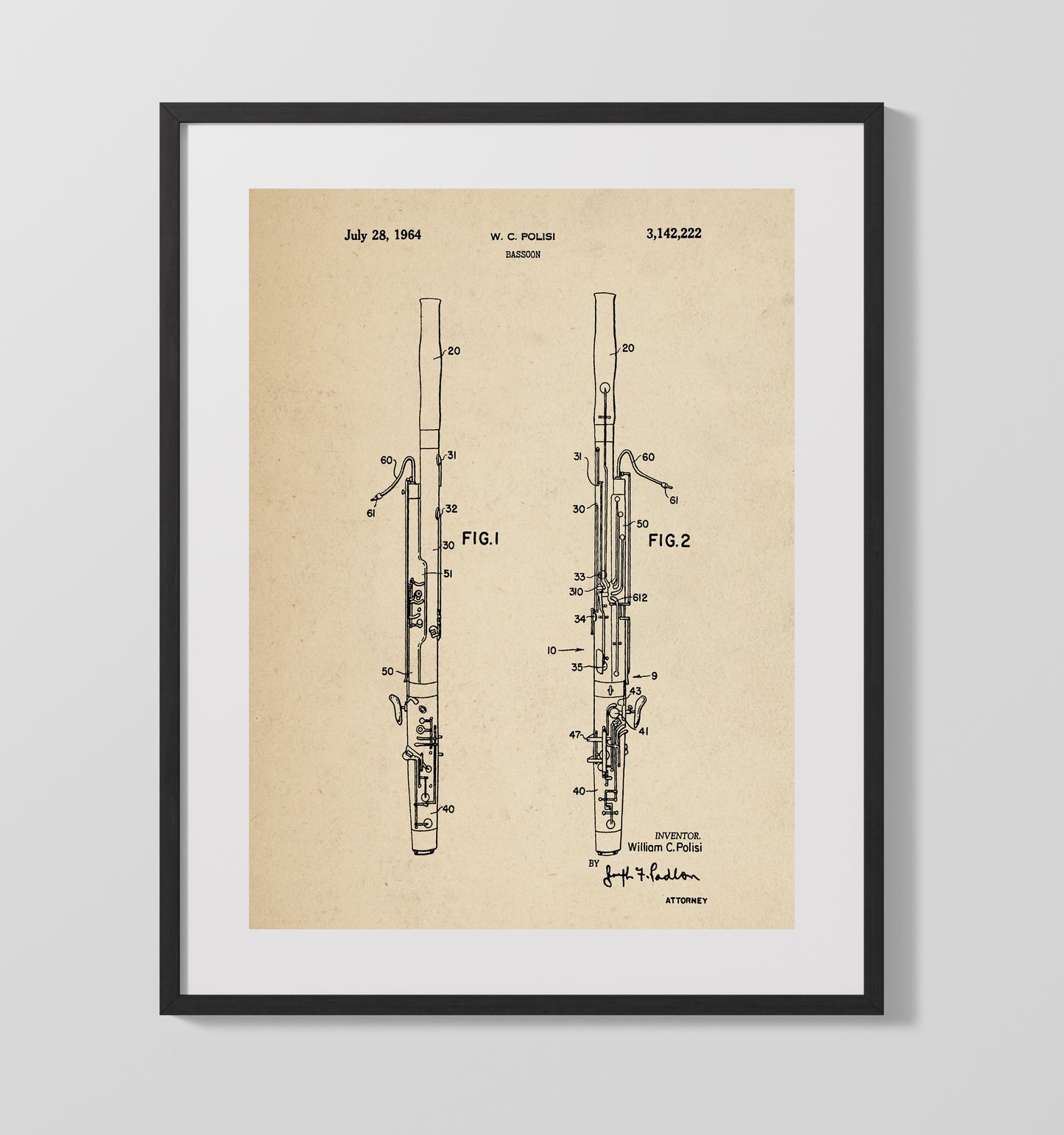 Bassoon 1964 patent print wall art 16x20 Gallery Frame
