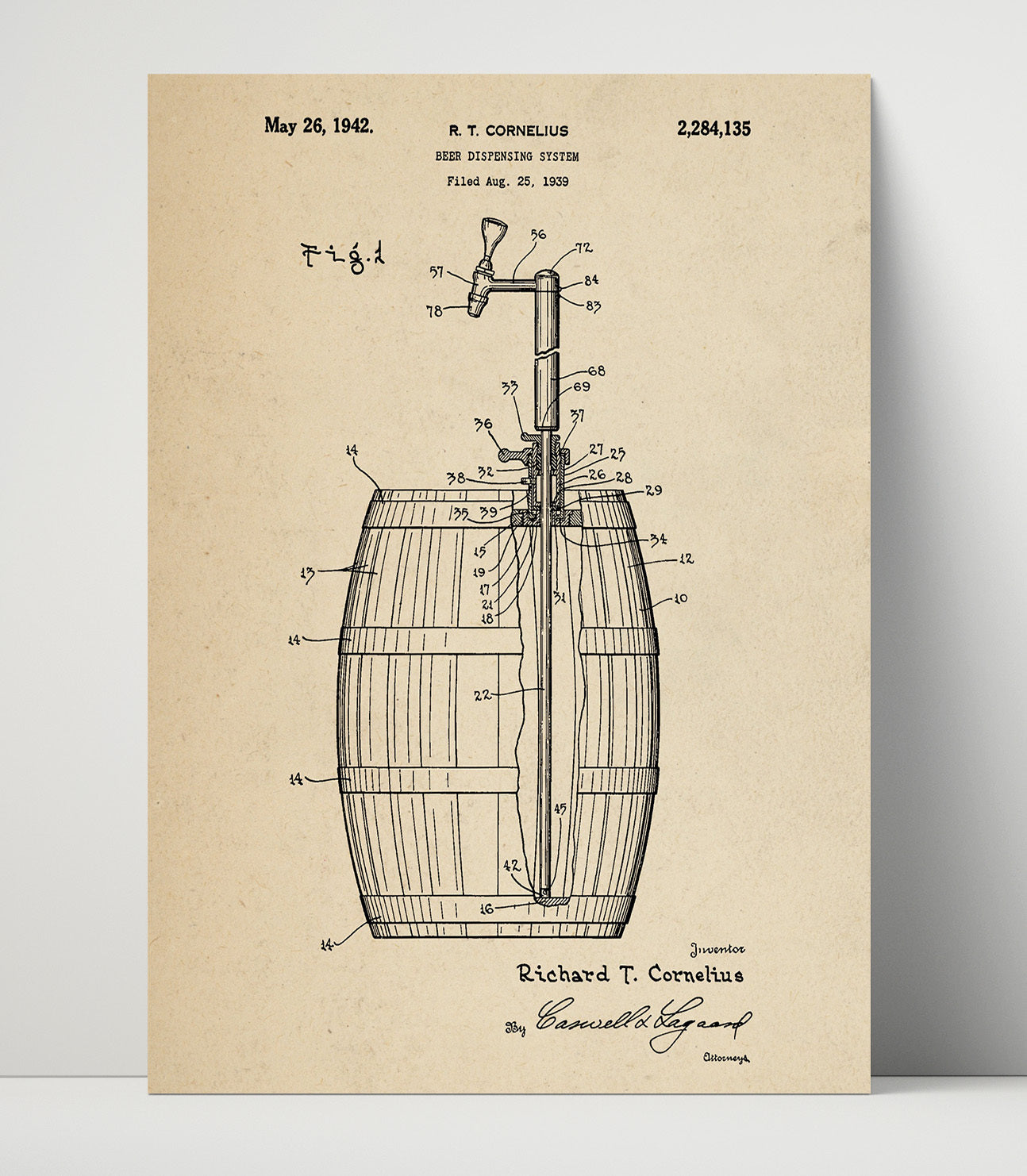 Patent Print - Beer Dispensing System - R.T. Cornelius - 1942 - Patent 2284135 Patent Wall Art