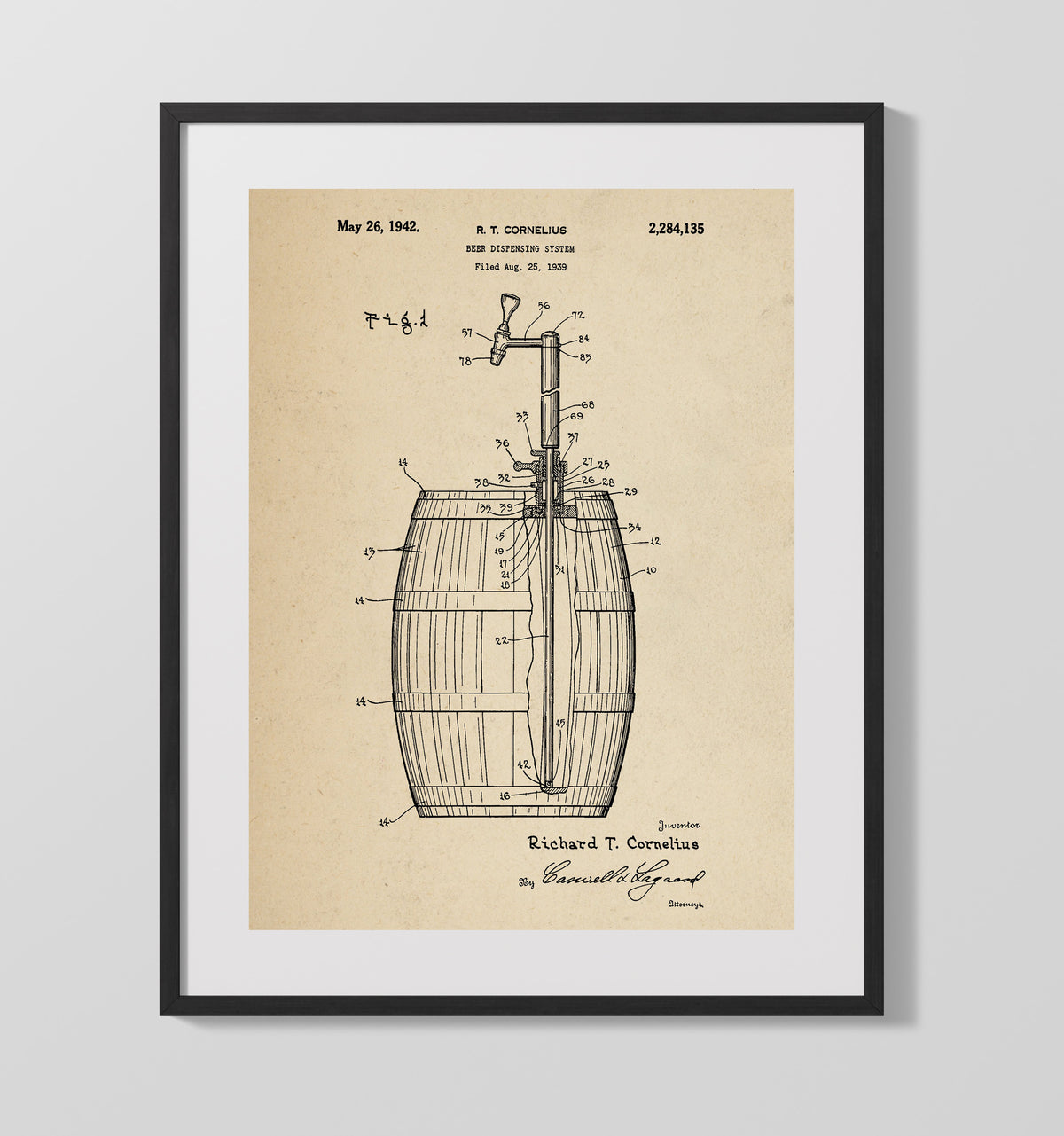 Beer Dispensing System 1942 patent print wall art 16x20 Gallery Frame