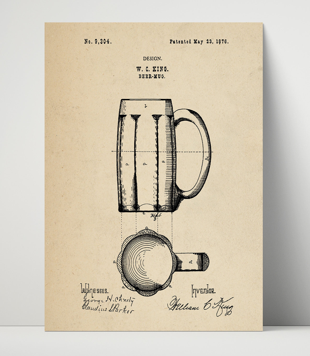 Patent Print - Beer Mug - W.C. King - 1876 - Patent D9304 Patent Wall Art