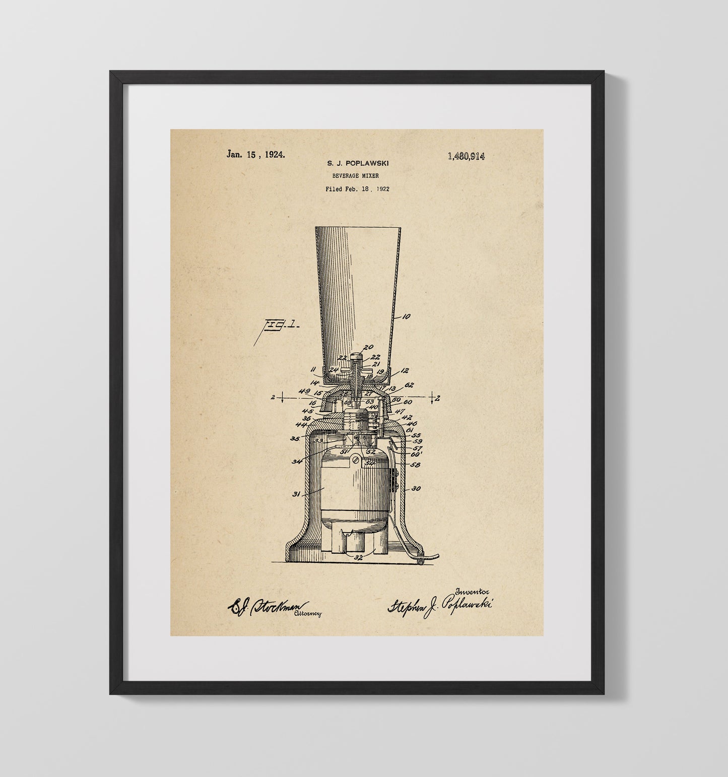 Beverage Mixer 1924 patent print wall art 16x20 Gallery Frame